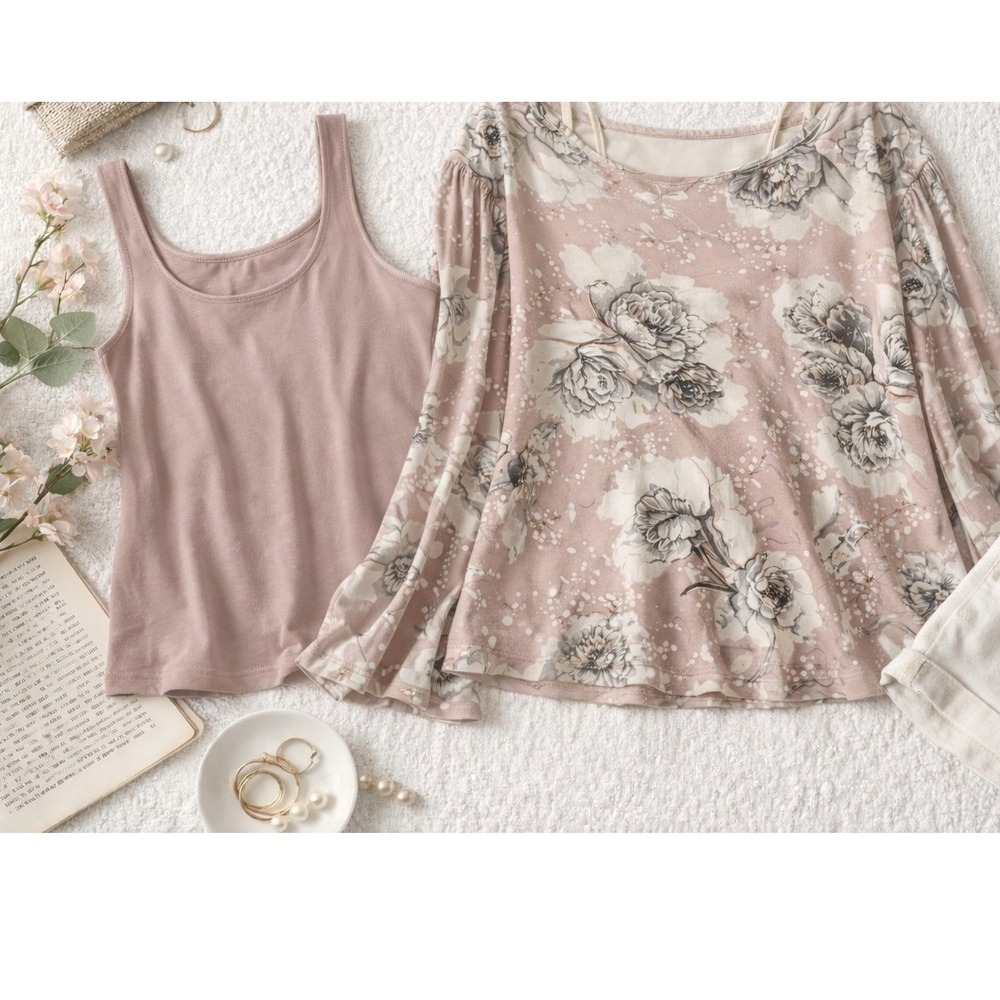 Chicos Floral Poncho and Tank Top Set Mauve Pink‎ Black 2 Piece Size 2 L